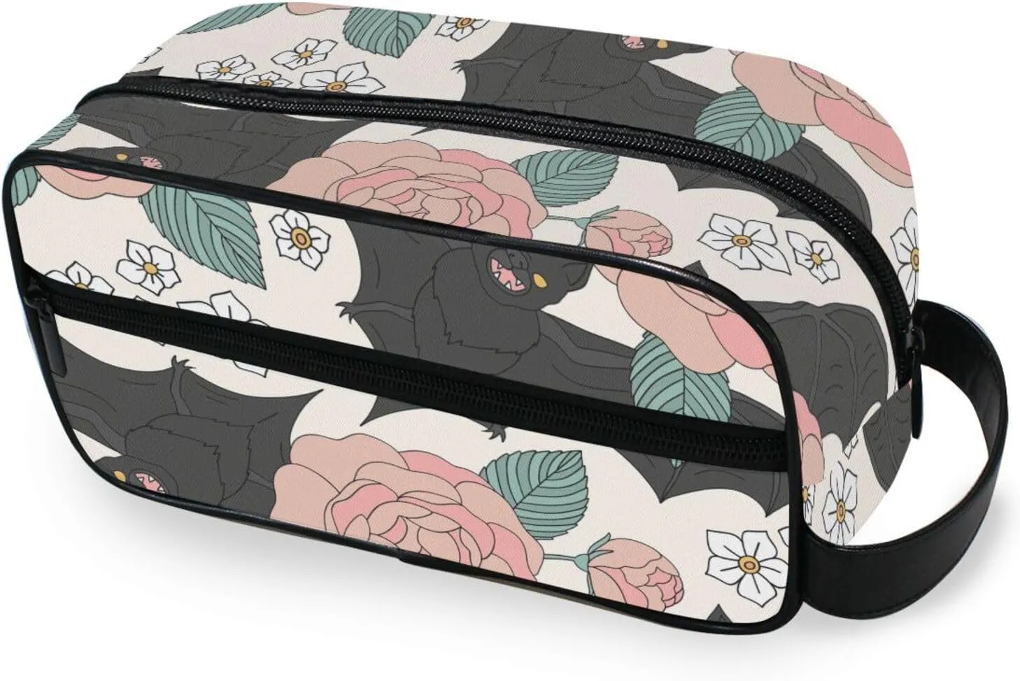 Travel Toiletry Bag Makeup Bag Black Bat and Roses Florals Packing Organizers with Hanging Hook Portable Water Resistant Small Travel Bag for Toiletries, Jewelry, Travel Essentials