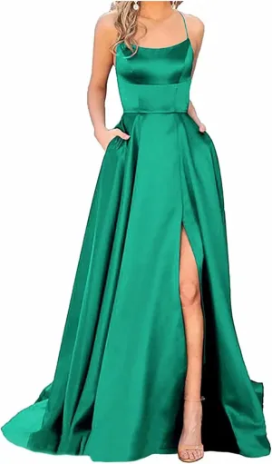 TWGONE Prom Dresses for Women 2025 Spaghetti Straps Formal Party Maxi Dress Satin Evening Gowns with Pockets