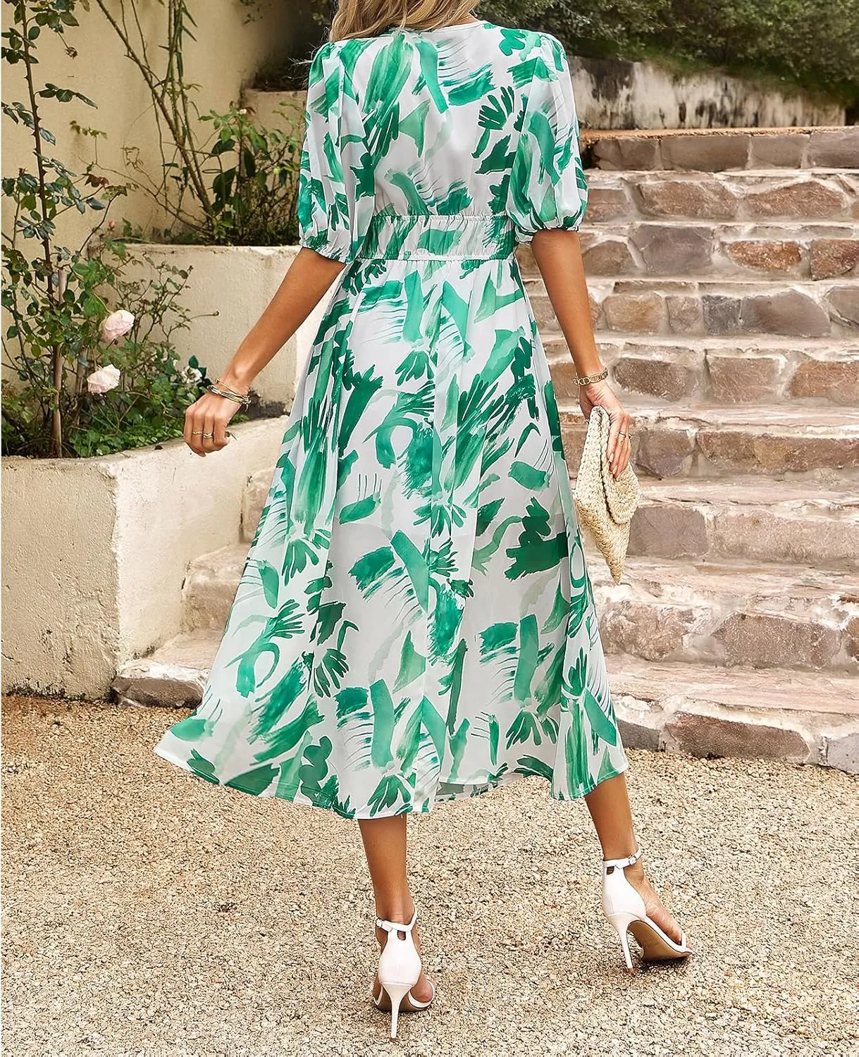 UONBOX Women's V Neck Floral Dress Summer 2025 Trendy Pleated Boho Flowy Puff Sleeve Maxi Dress