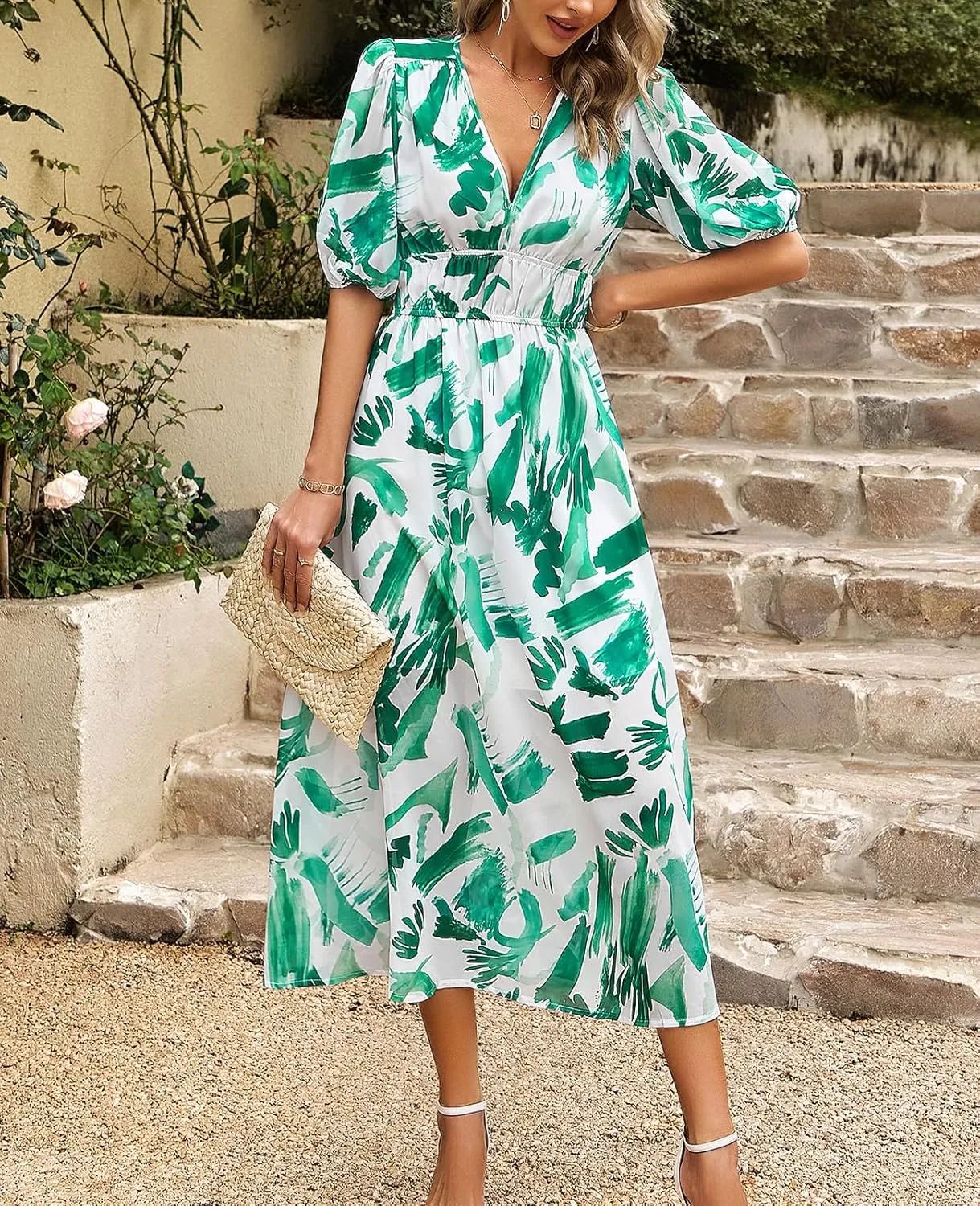 UONBOX Women's V Neck Floral Dress Summer 2025 Trendy Pleated Boho Flowy Puff Sleeve Maxi Dress