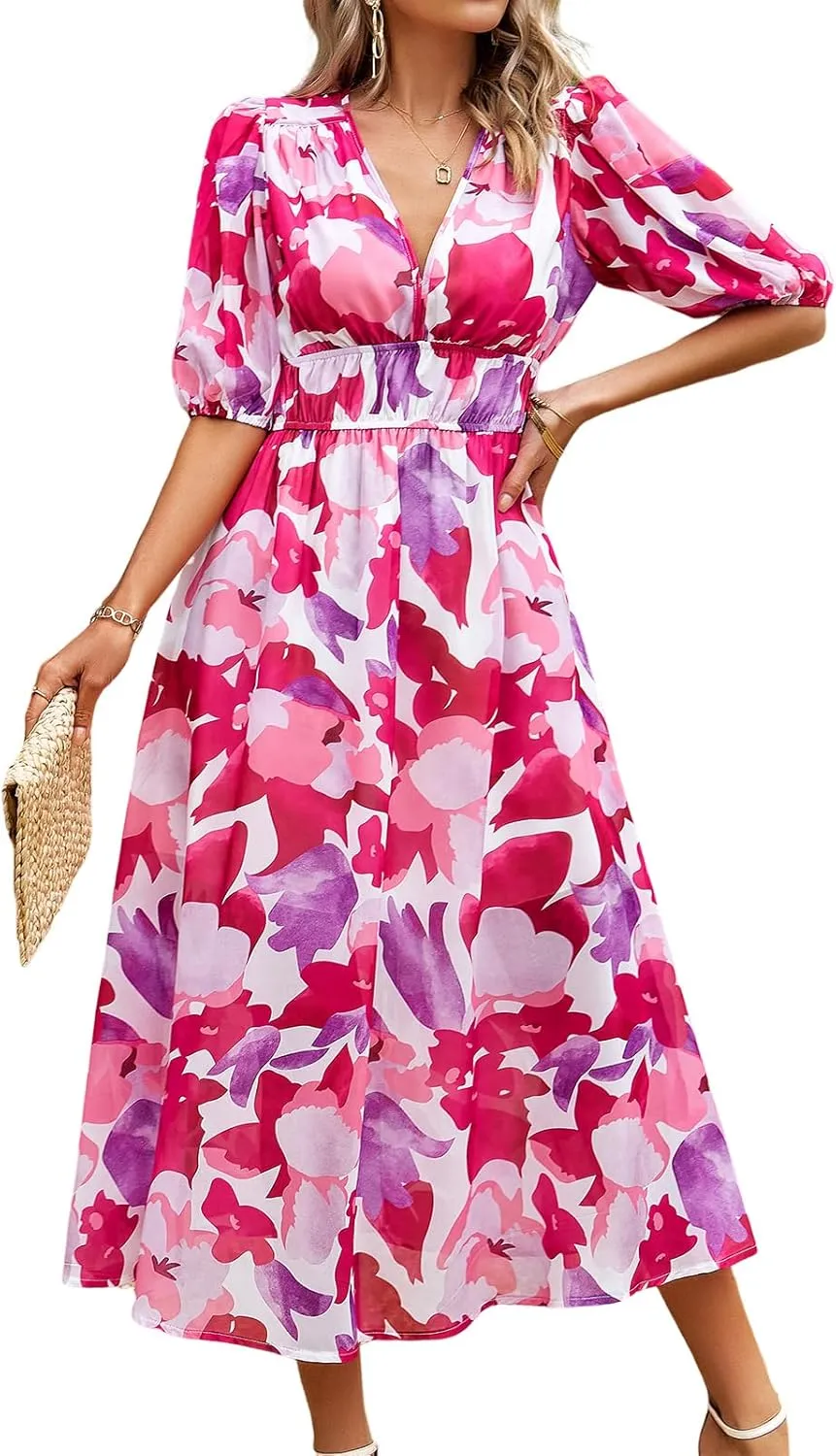 UONBOX Women's V Neck Floral Dress Summer 2025 Trendy Pleated Boho Flowy Puff Sleeve Maxi Dress