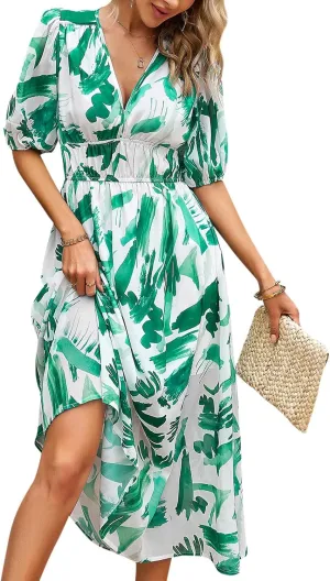 UONBOX Women's V Neck Floral Dress Summer 2025 Trendy Pleated Boho Flowy Puff Sleeve Maxi Dress