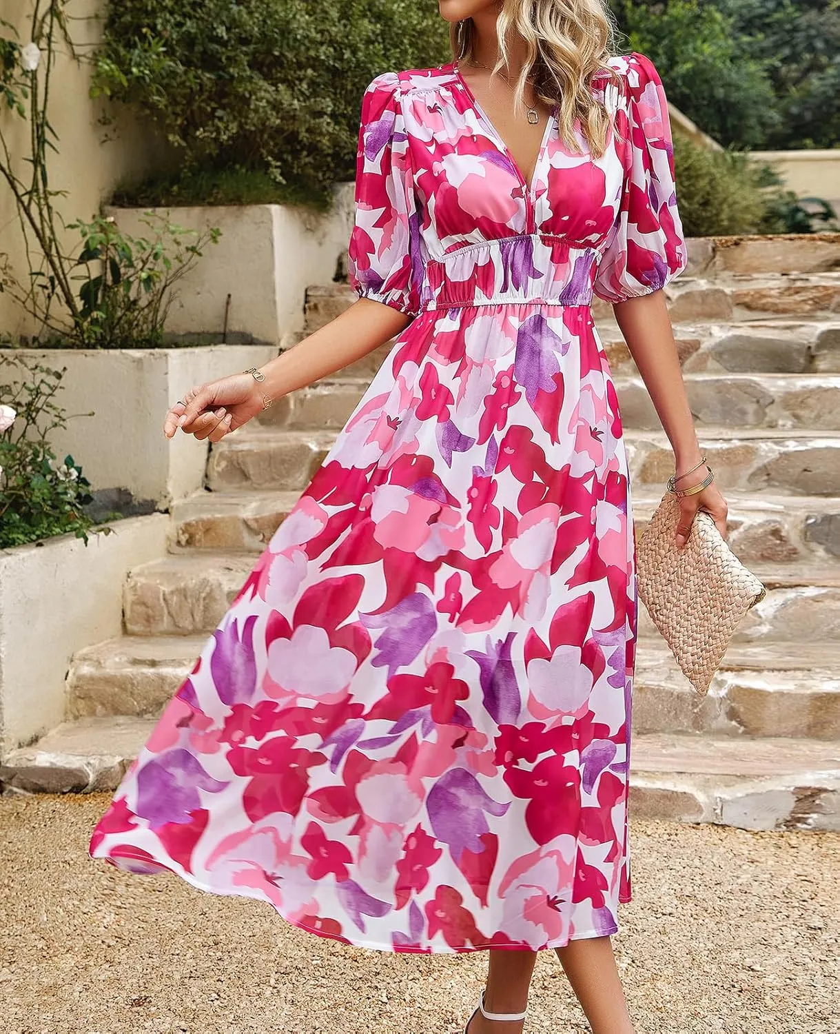 UONBOX Women's V Neck Floral Dress Summer 2025 Trendy Pleated Boho Flowy Puff Sleeve Maxi Dress