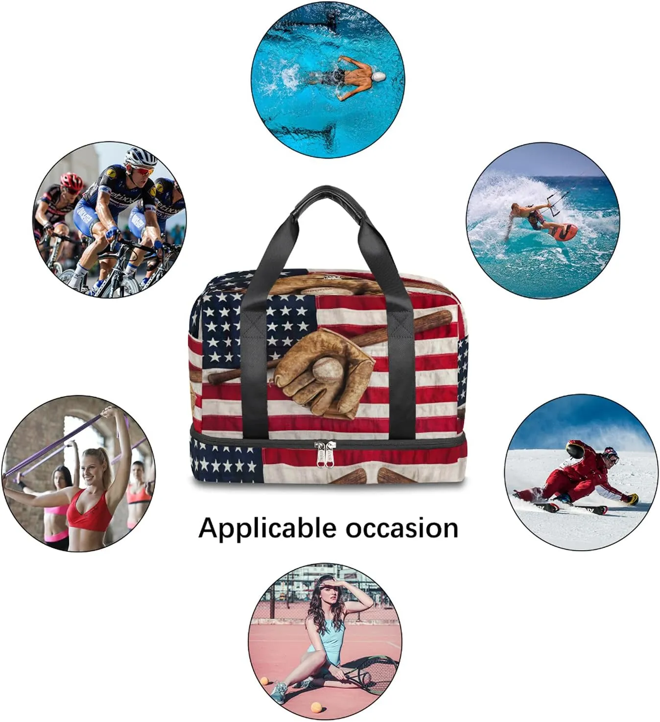 USA Flag Travel Duffel Bag, Baseball Sports Tote Gym Bag Double layer Large Waterproof Overnight Shoulder Weekender Bag for Women Men