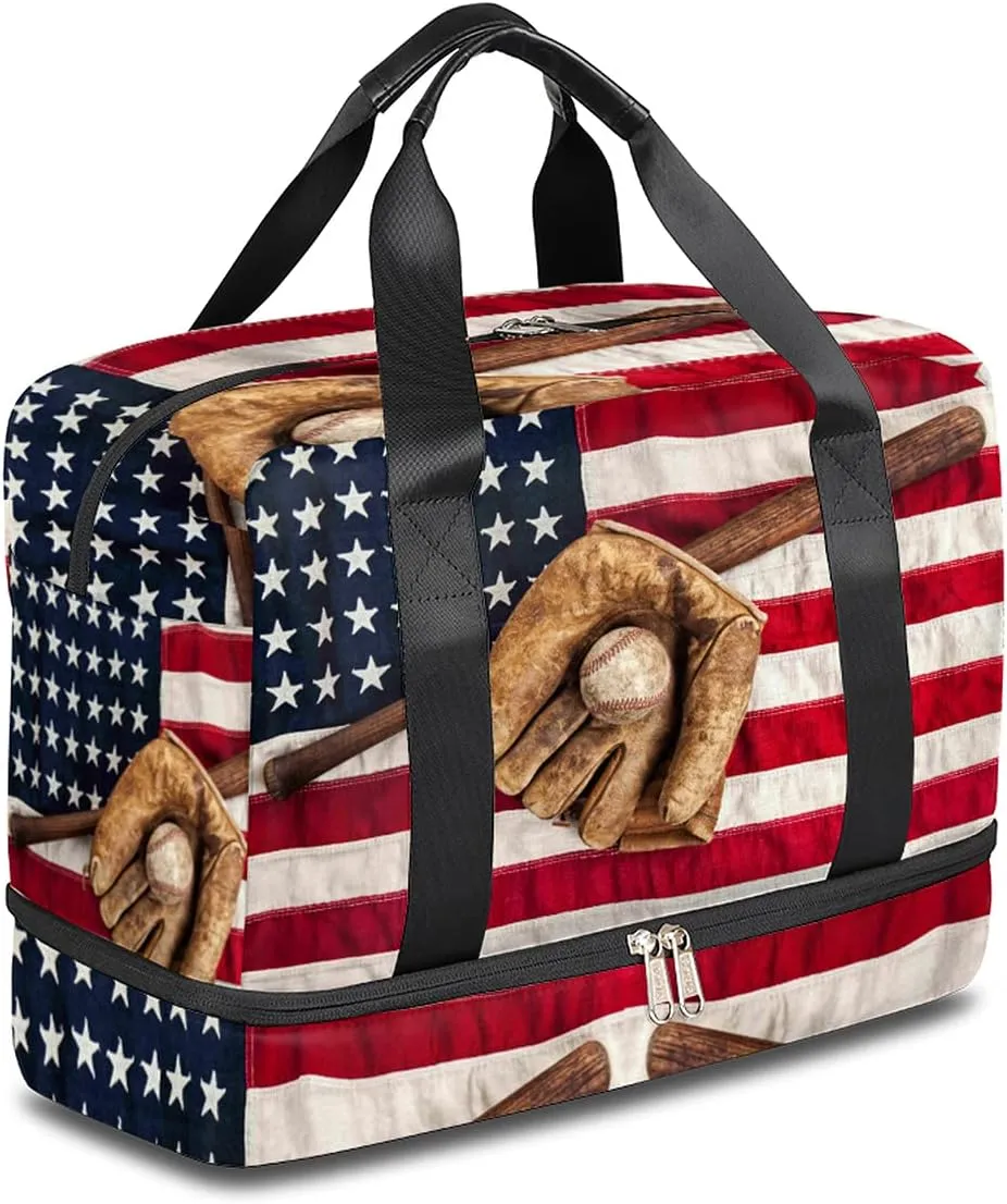 USA Flag Travel Duffel Bag, Baseball Sports Tote Gym Bag Double layer Large Waterproof Overnight Shoulder Weekender Bag for Women Men