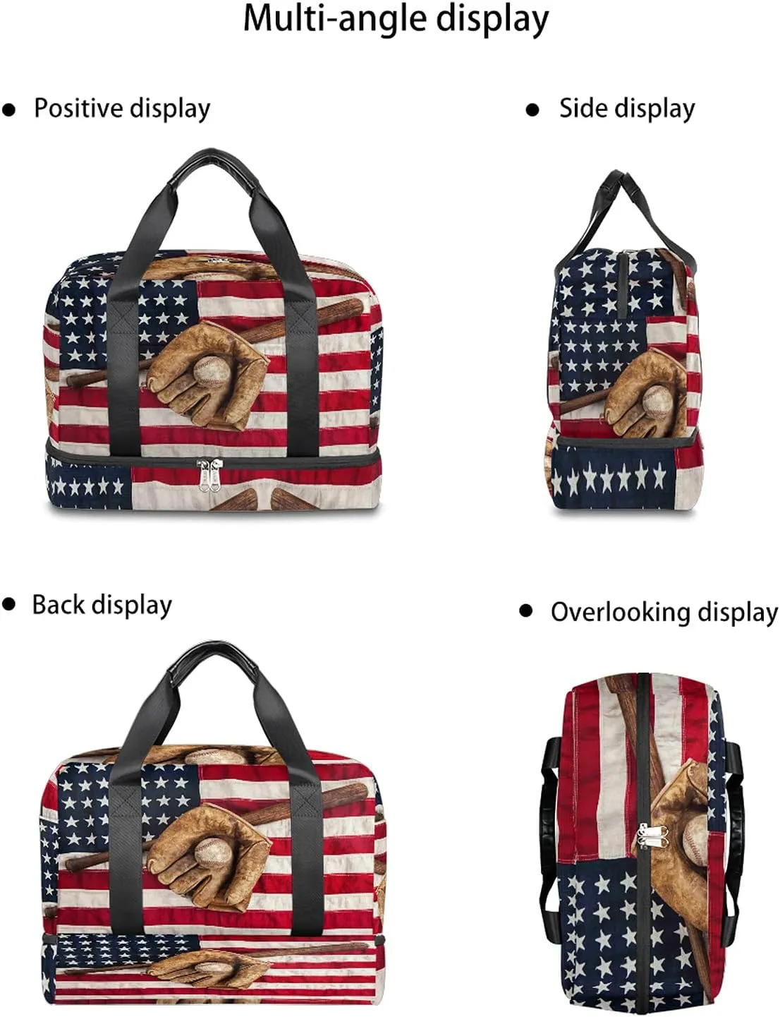 USA Flag Travel Duffel Bag, Baseball Sports Tote Gym Bag Double layer Large Waterproof Overnight Shoulder Weekender Bag for Women Men