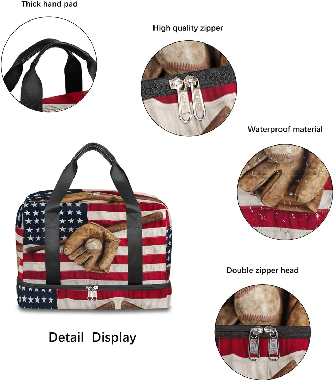 USA Flag Travel Duffel Bag, Baseball Sports Tote Gym Bag Double layer Large Waterproof Overnight Shoulder Weekender Bag for Women Men