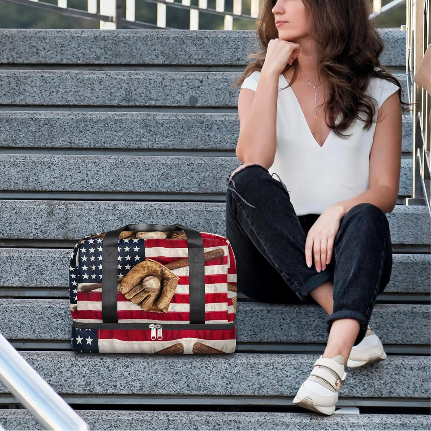 USA Flag Travel Duffel Bag, Baseball Sports Tote Gym Bag Double layer Large Waterproof Overnight Shoulder Weekender Bag for Women Men