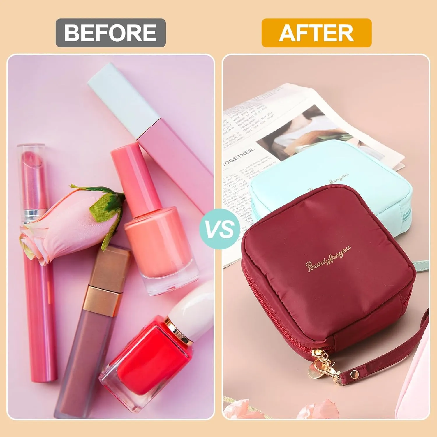 uxcell Mini Makeup Bag for Purse, Small Cute Zipper Travel Cosmetic Bags Preppy Toiletry Storage Pouch for Coin Sanitary, Pink