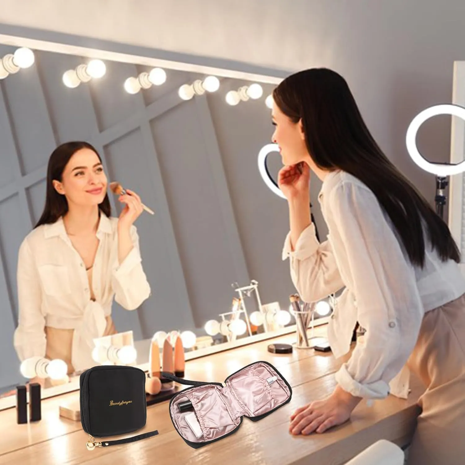 uxcell Mini Makeup Bag for Purse, Small Cute Zipper Travel Cosmetic Bags Preppy Toiletry Storage Pouch for Coin Sanitary, Pink