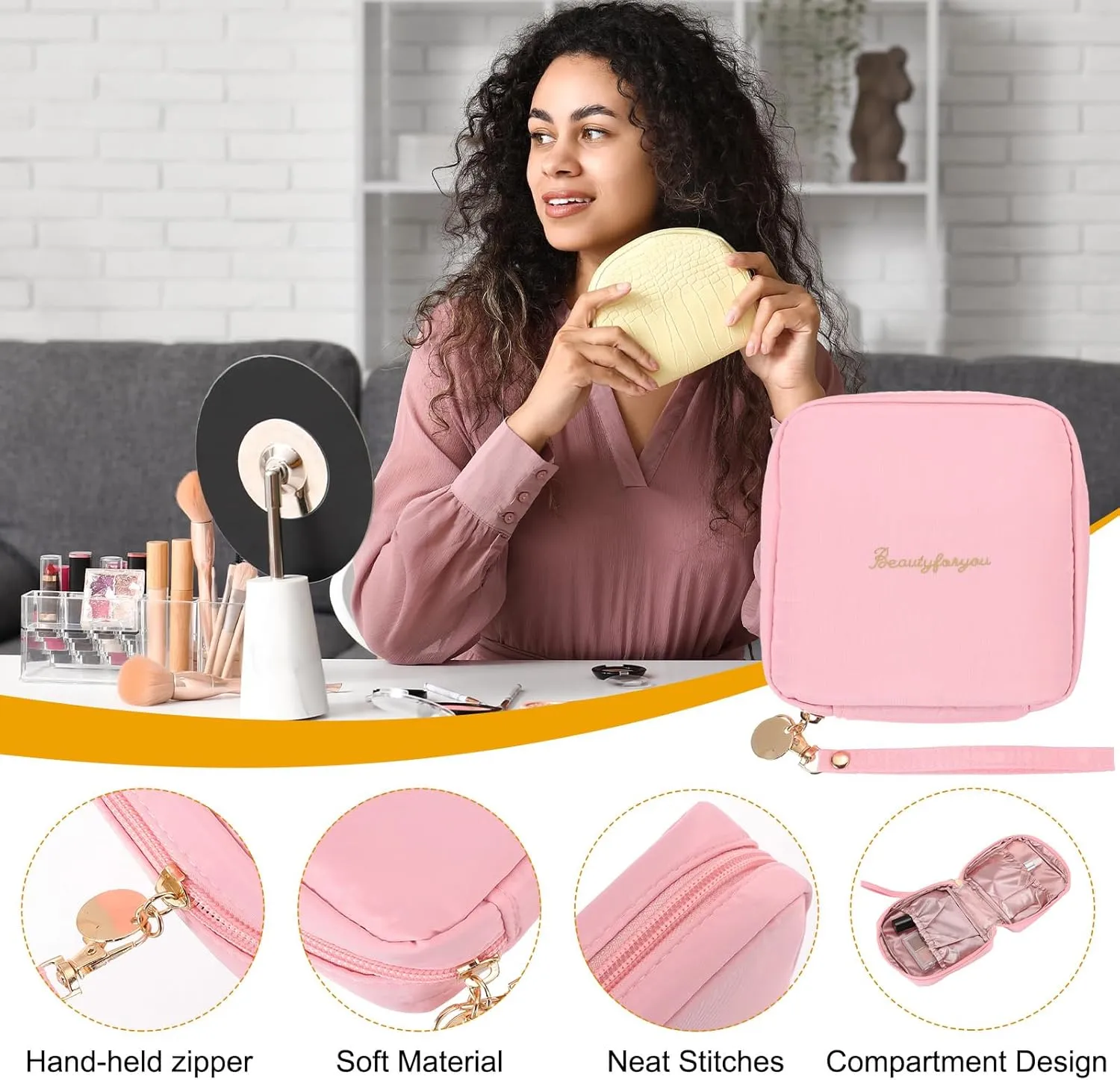 uxcell Mini Makeup Bag for Purse, Small Cute Zipper Travel Cosmetic Bags Preppy Toiletry Storage Pouch for Coin Sanitary, Pink