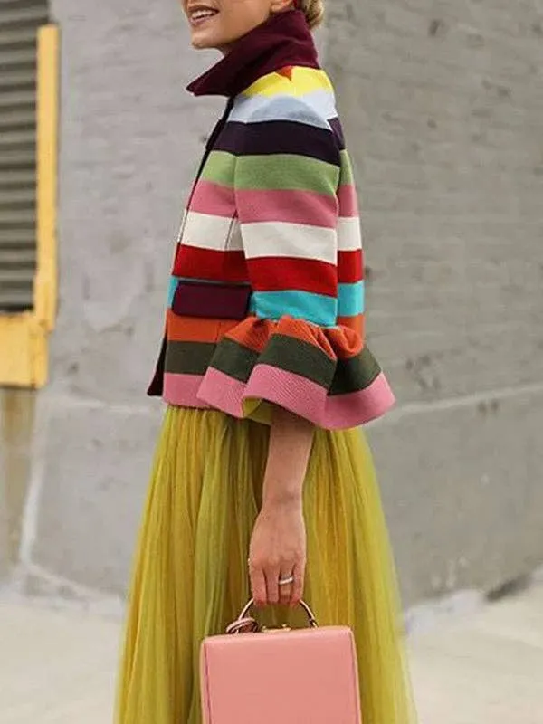 UZ Wholesale  Puff Sleeves Multi-Colored Thick Striped Lapel Jacket