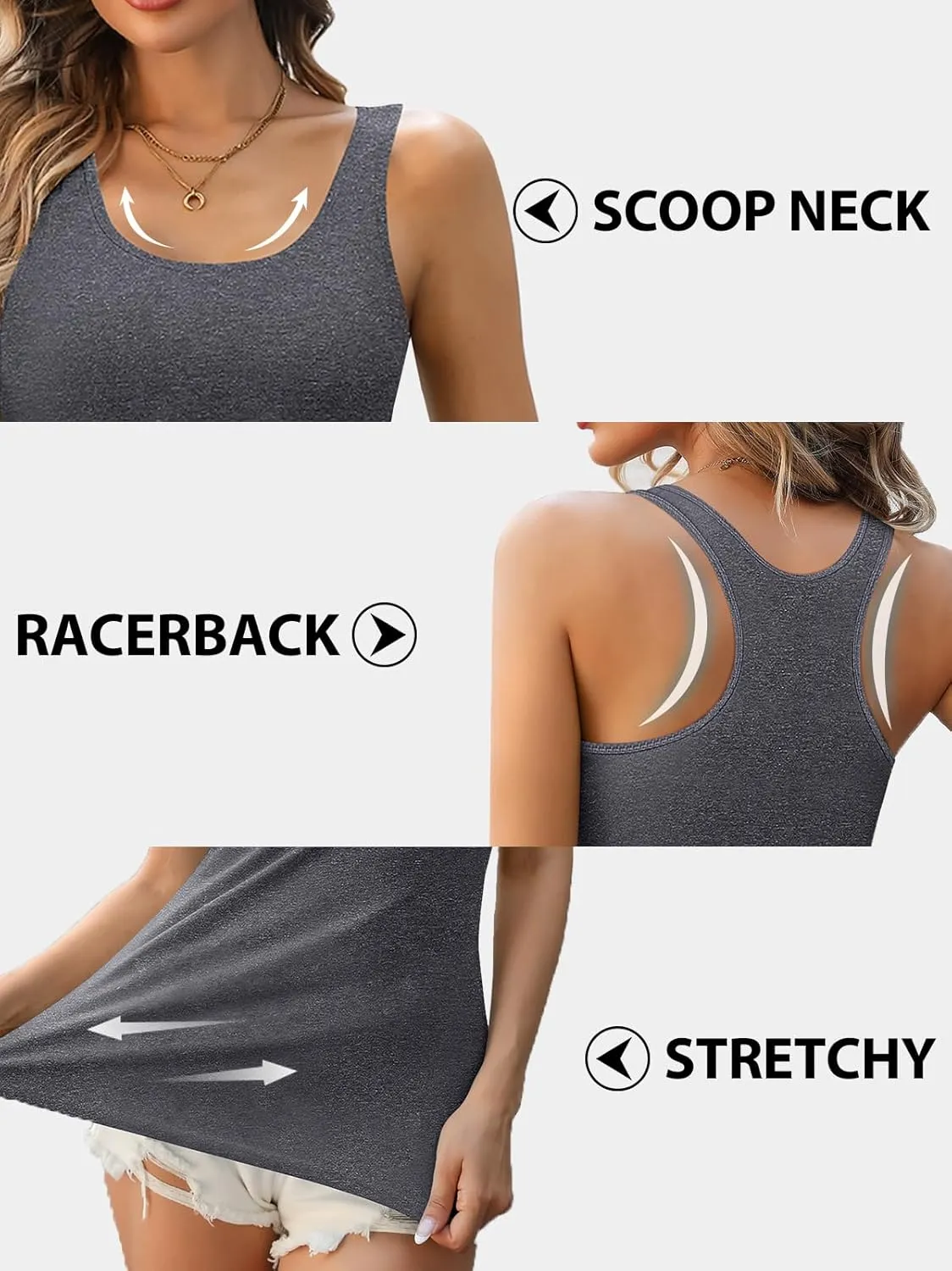 V FOR CITY Racerback Tank Tops for Women with Shelf Bra Cotton Wide Strap Camisole Yoga Cami Shirts 3 Pack