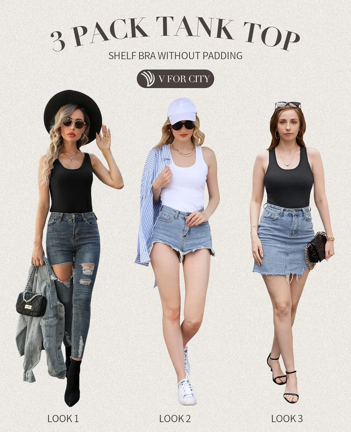 V FOR CITY Racerback Tank Tops for Women with Shelf Bra Cotton Wide Strap Camisole Yoga Cami Shirts 3 Pack