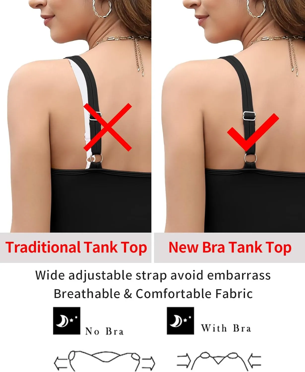 V FOR CITY Women's Tank Top with Built in Bras Adjustable Wide Strap Padded Camisole Summer Cami Shirts