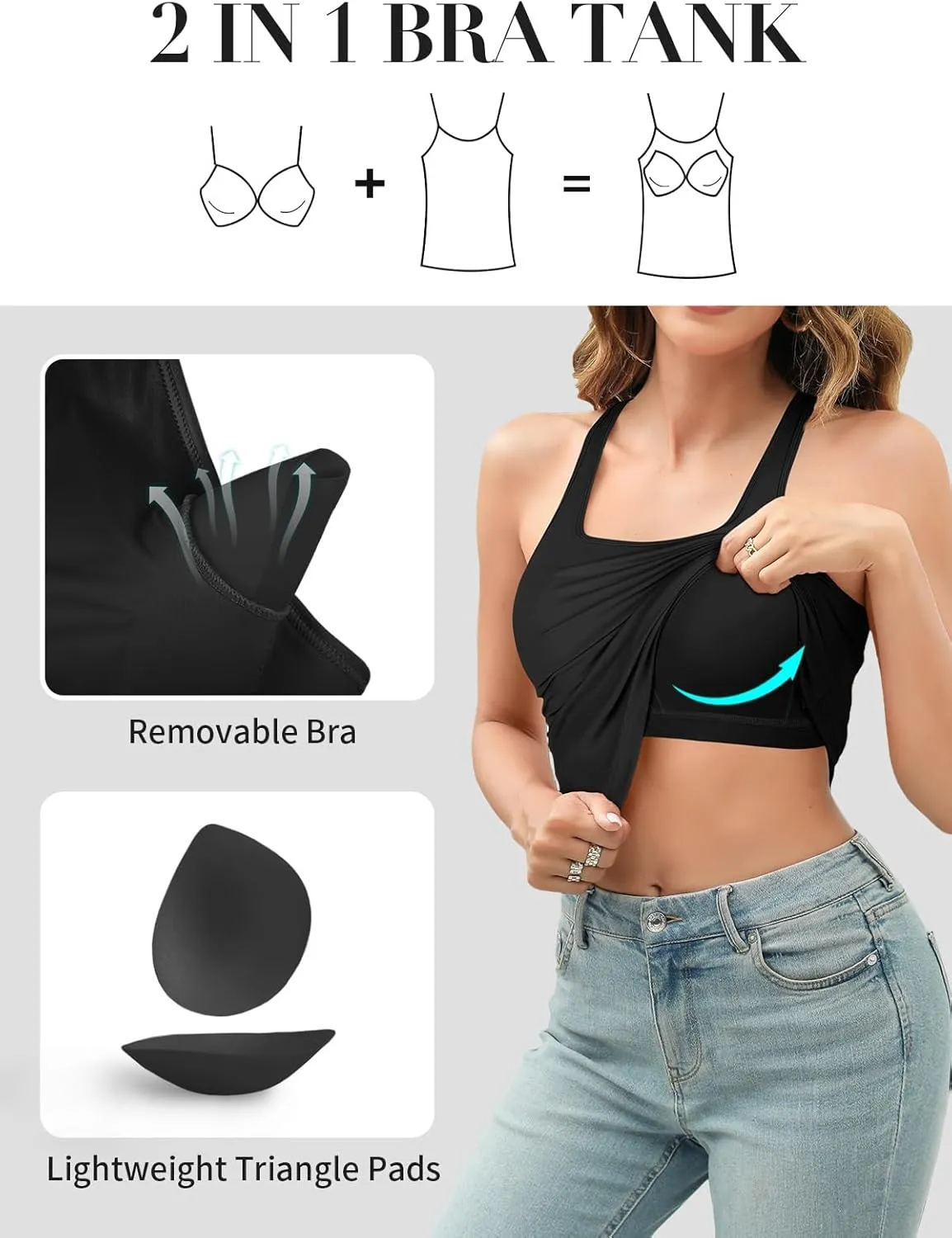 V FOR CITY Women's Tank Top with Built in Bras Adjustable Wide Strap Padded Camisole Summer Cami Shirts