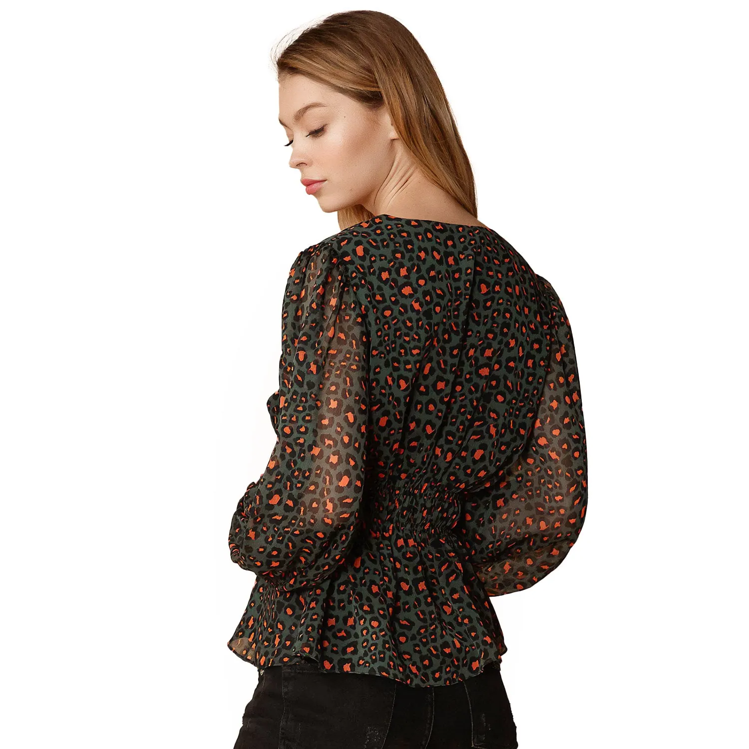 V-neck Puff Sleeve Blouse in Leopard Hunt