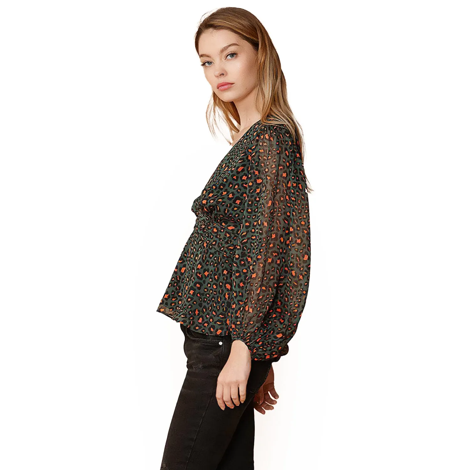 V-neck Puff Sleeve Blouse in Leopard Hunt