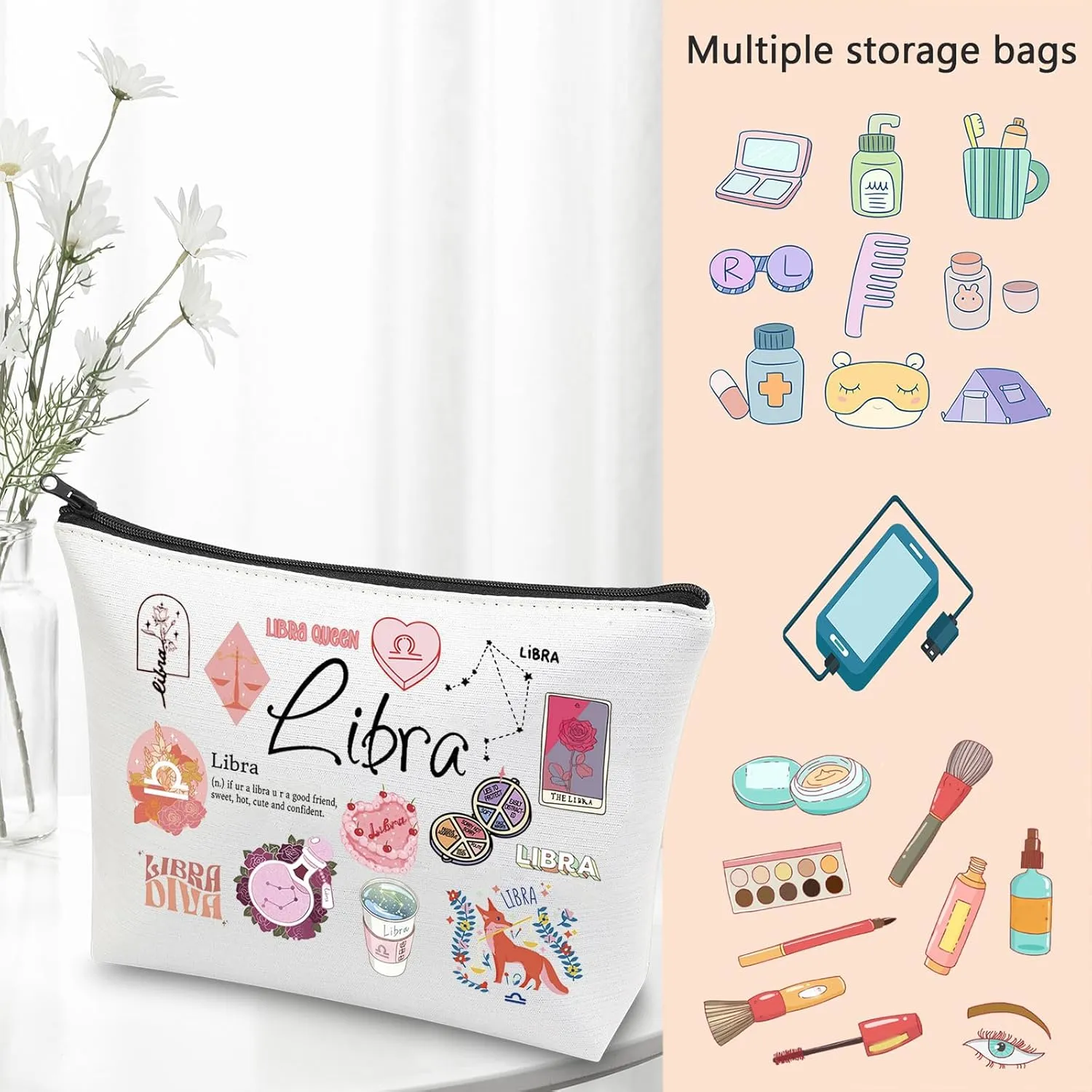 VAMSII 12 Constellation Birthday Gift for Astrology Lover Zodiac Symbol Sign Cosmetic Bag Horoscope Astrology Gift for Her (LibraBag)