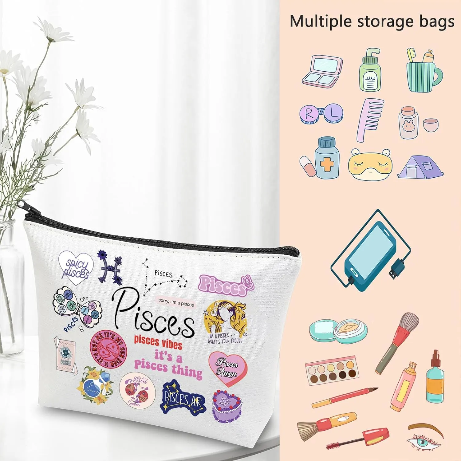 VAMSII 12 Constellation Birthday Gift for Astrology Lover Zodiac Symbol Sign Cosmetic Bag Horoscope Astrology Gift for Her (PiscesBag)