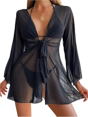 Verdusa Women's Bow Tie Front Sheer Kimono Cardigan Long Sleeve Beach Cover Up