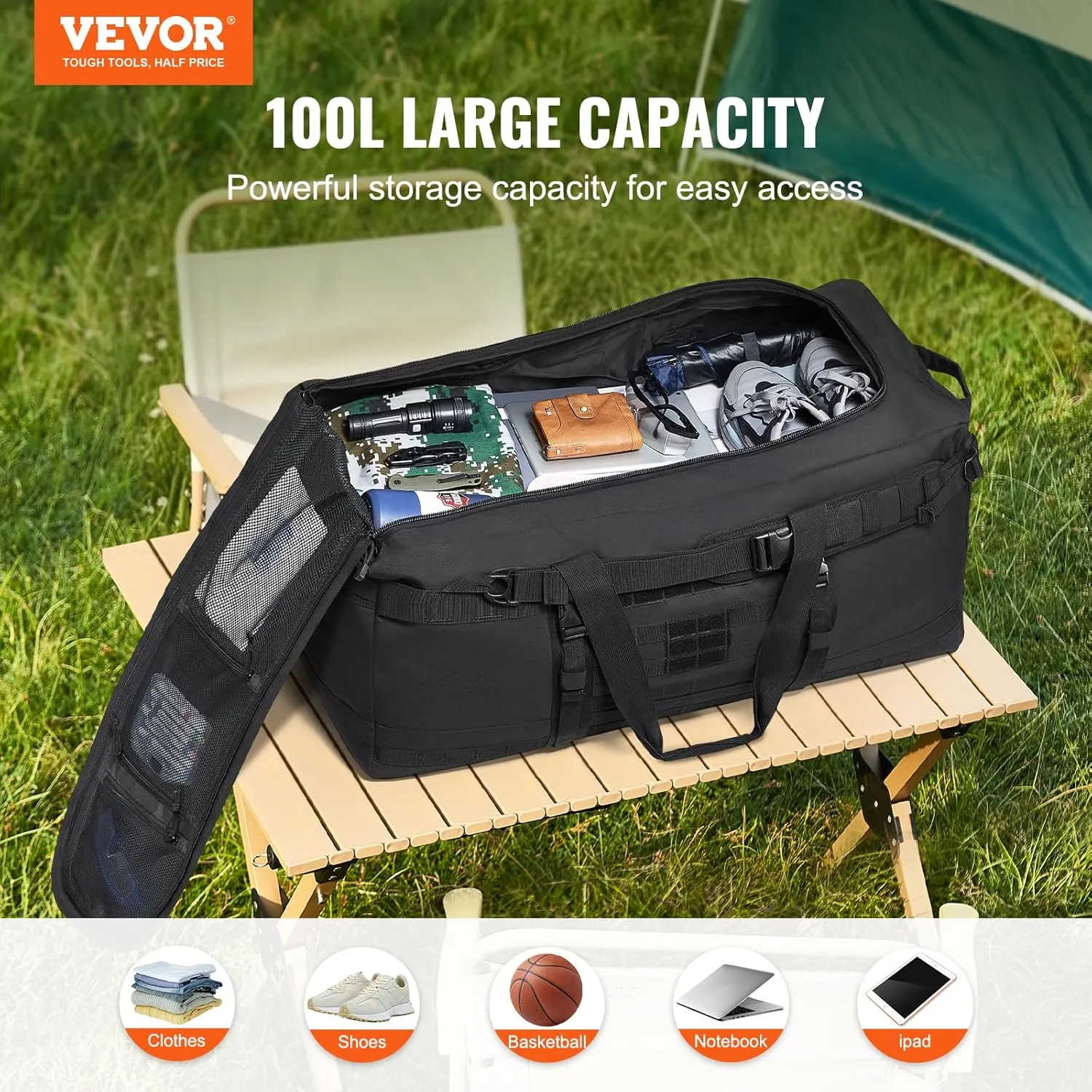 VEVOR 100L Tactical Duffle Bag, Military Duffle Bag with Shoe Compartment, Waterproof Tactical Duffle Bag for Men, Gym Workout Bag Gear Bag for Overnight, Basketball, Football, Fitness, Travel
