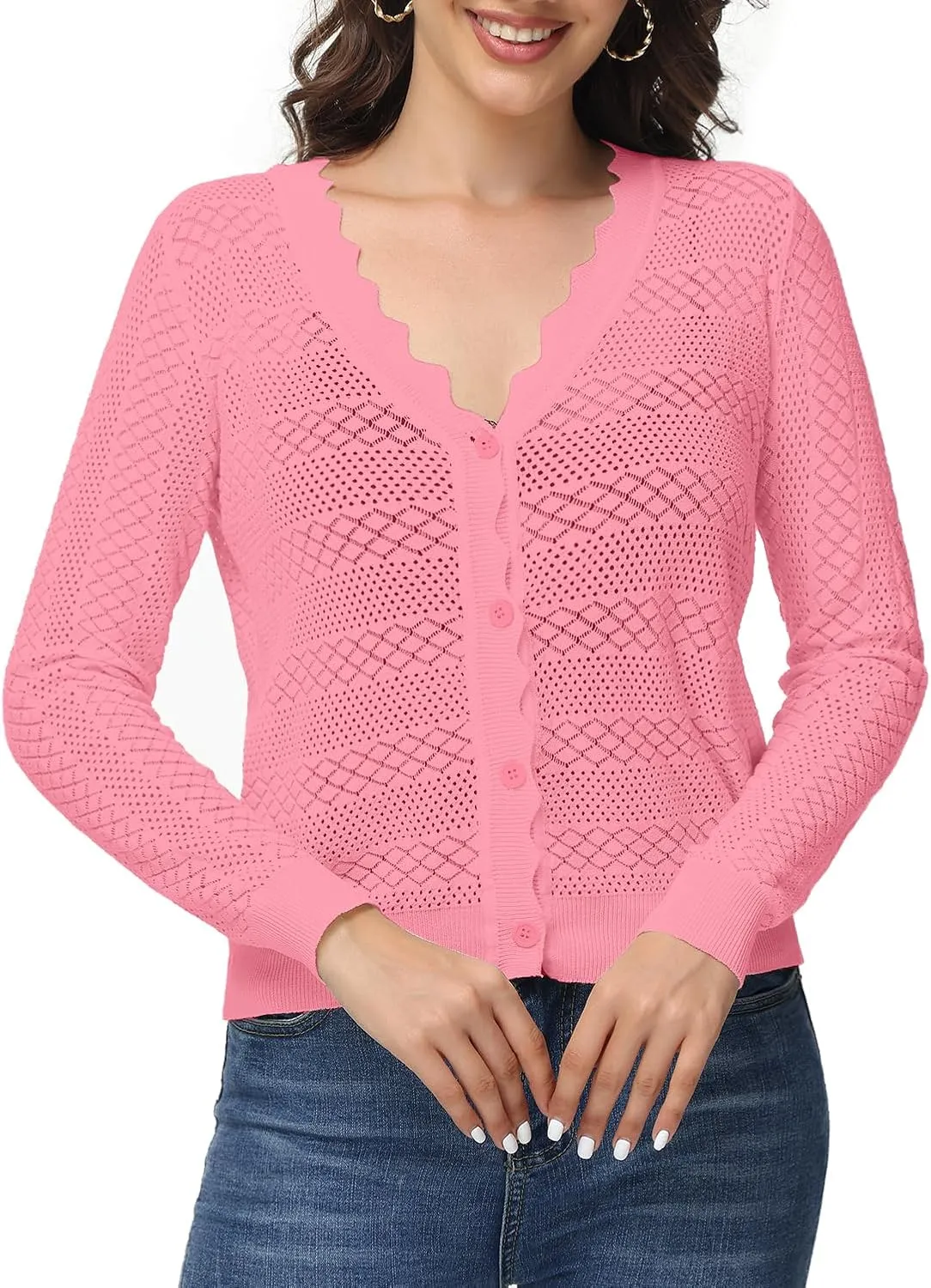 VibeVista Womens Cropped Cardigan Long Sleeve Button Down V Neck Sweater Open Front Lightweight Shrug for Dresses Tops