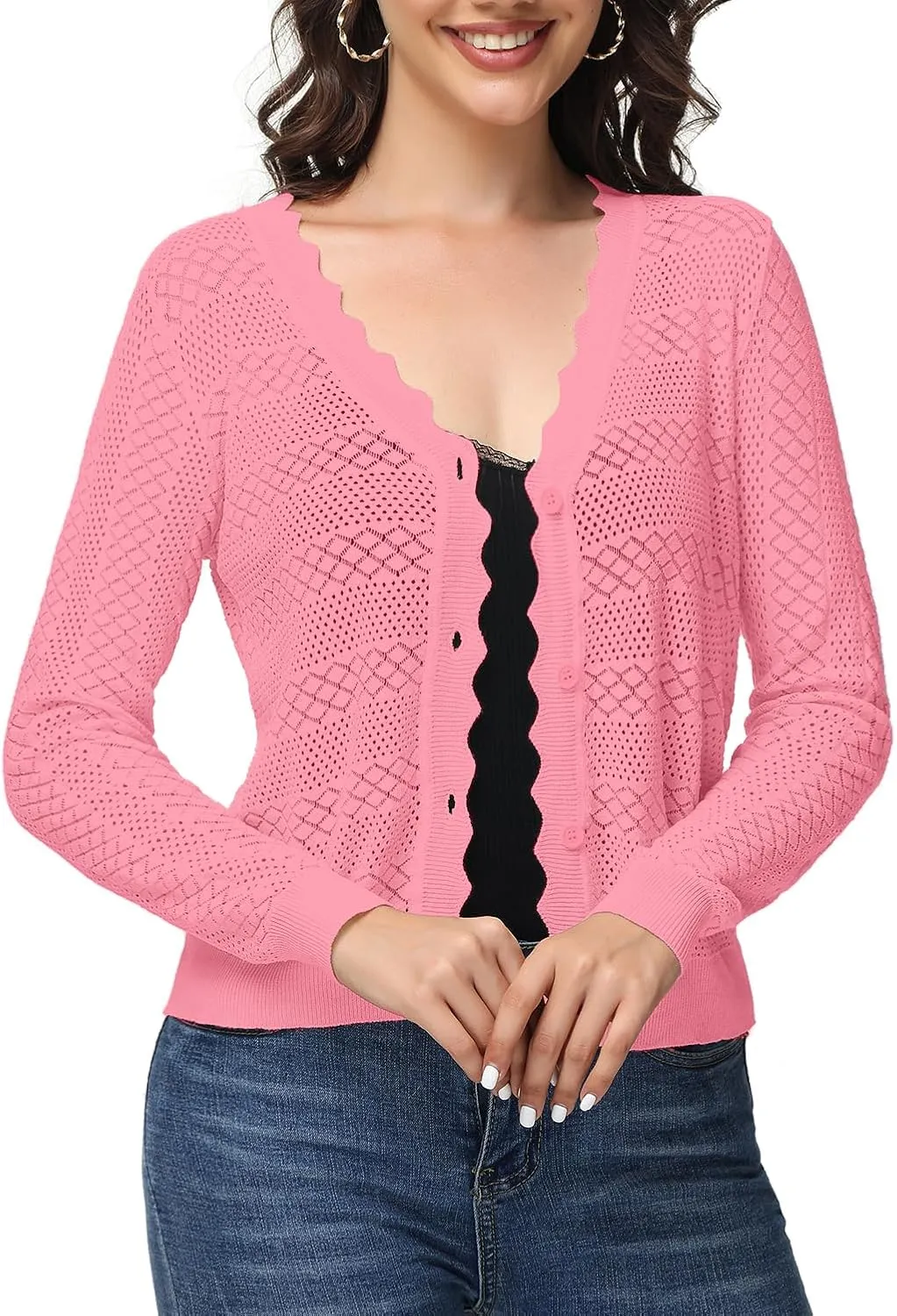 VibeVista Womens Cropped Cardigan Long Sleeve Button Down V Neck Sweater Open Front Lightweight Shrug for Dresses Tops
