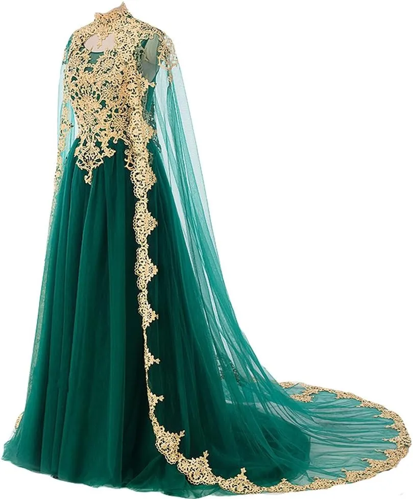 Vintage Gold Lace Long Prom Wedding Dress Evening Gowns with Cape Tulle Formal