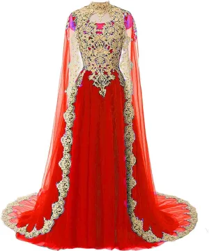 Vintage Gold Lace Long Prom Wedding Dress Evening Gowns with Cape Tulle Formal