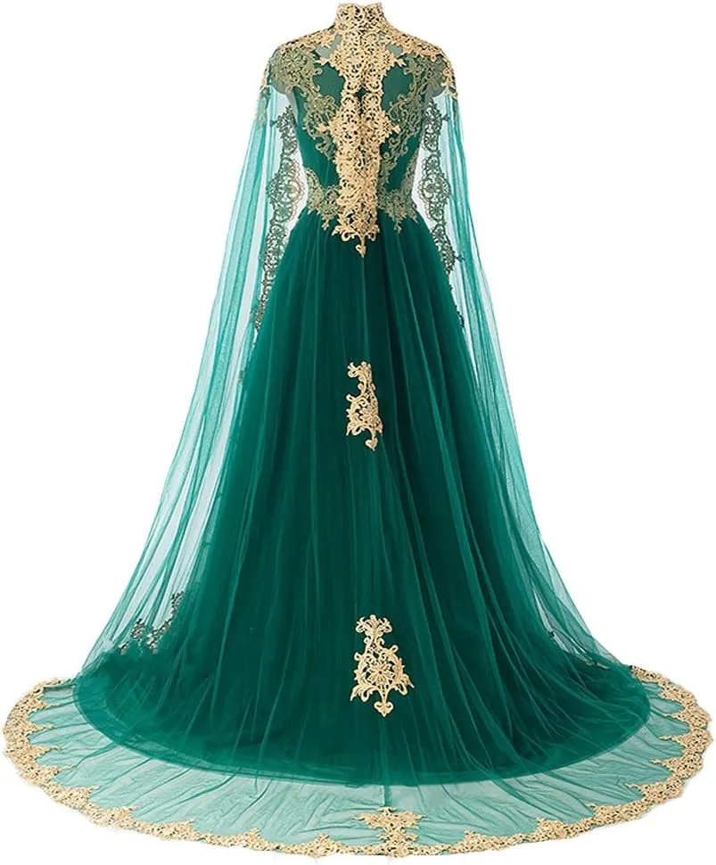 Vintage Gold Lace Long Prom Wedding Dress Evening Gowns with Cape Tulle Formal