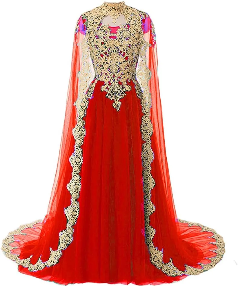 Vintage Gold Lace Long Prom Wedding Dress Evening Gowns with Cape Tulle Formal