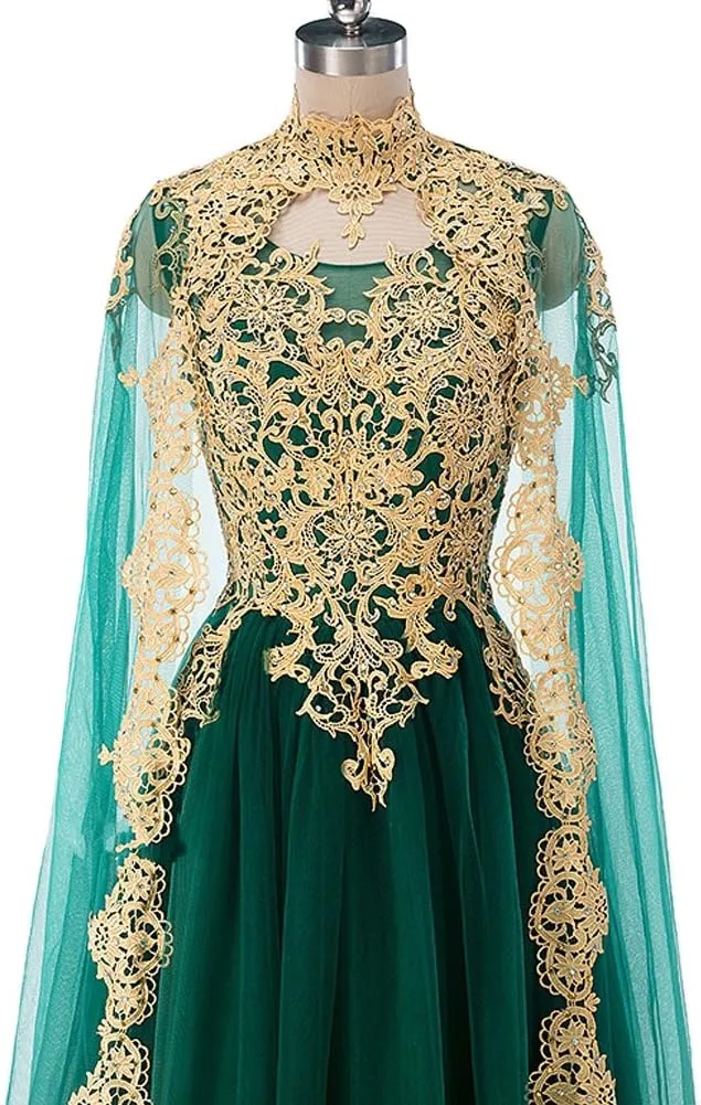 Vintage Gold Lace Long Prom Wedding Dress Evening Gowns with Cape Tulle Formal