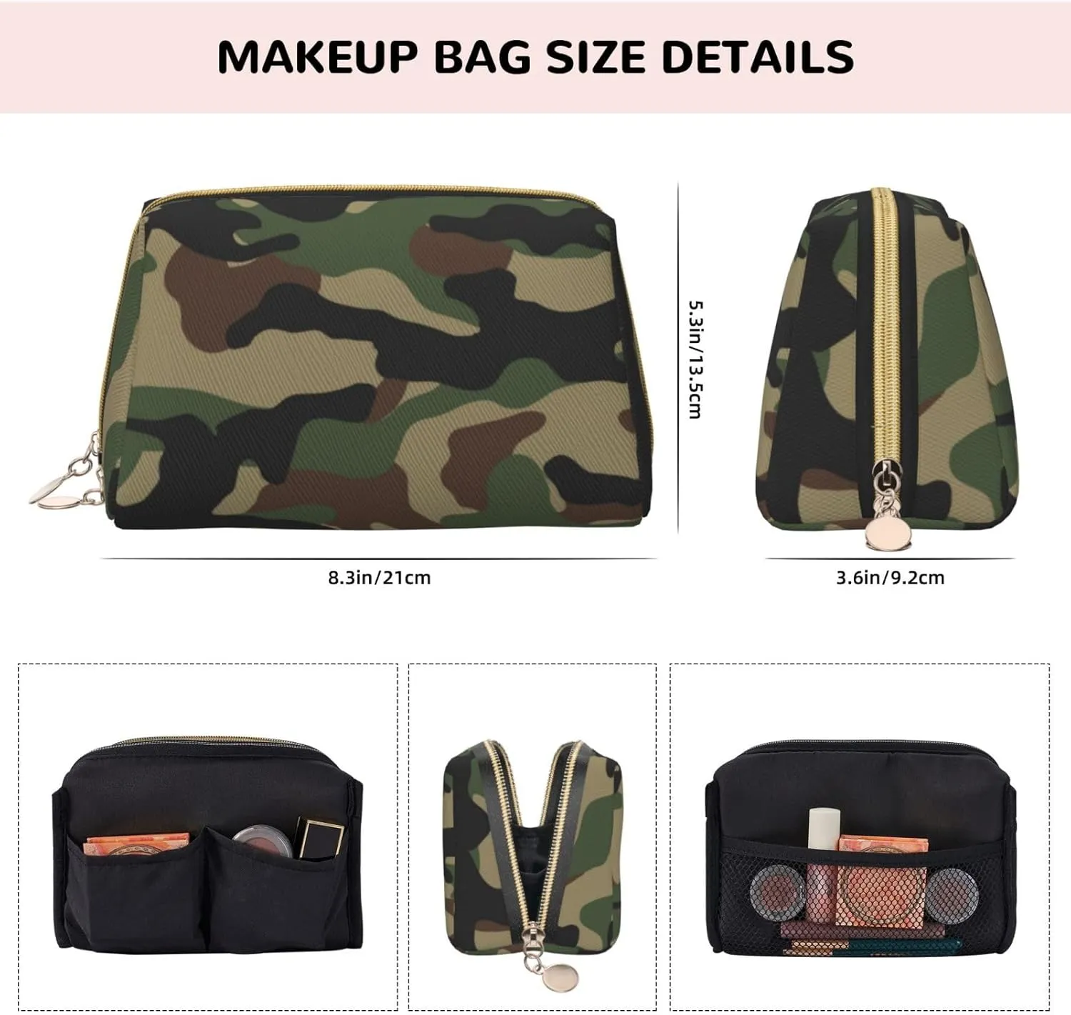 Waterproof Leather Cosmetic Bag Toiletry Makeup Bag Coin Case for Women, Lightweight Outdoor Travel Multi-Purpose Trapezoid Bag Compatible With Green Camouflage Army Camo