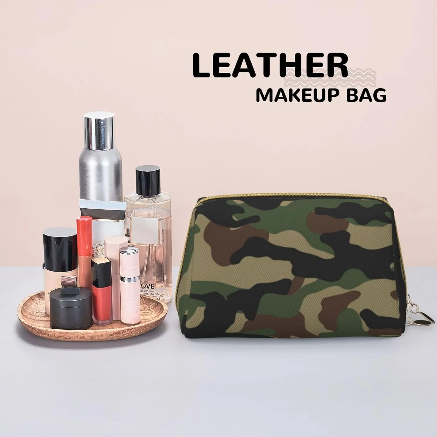 Waterproof Leather Cosmetic Bag Toiletry Makeup Bag Coin Case for Women, Lightweight Outdoor Travel Multi-Purpose Trapezoid Bag Compatible With Green Camouflage Army Camo