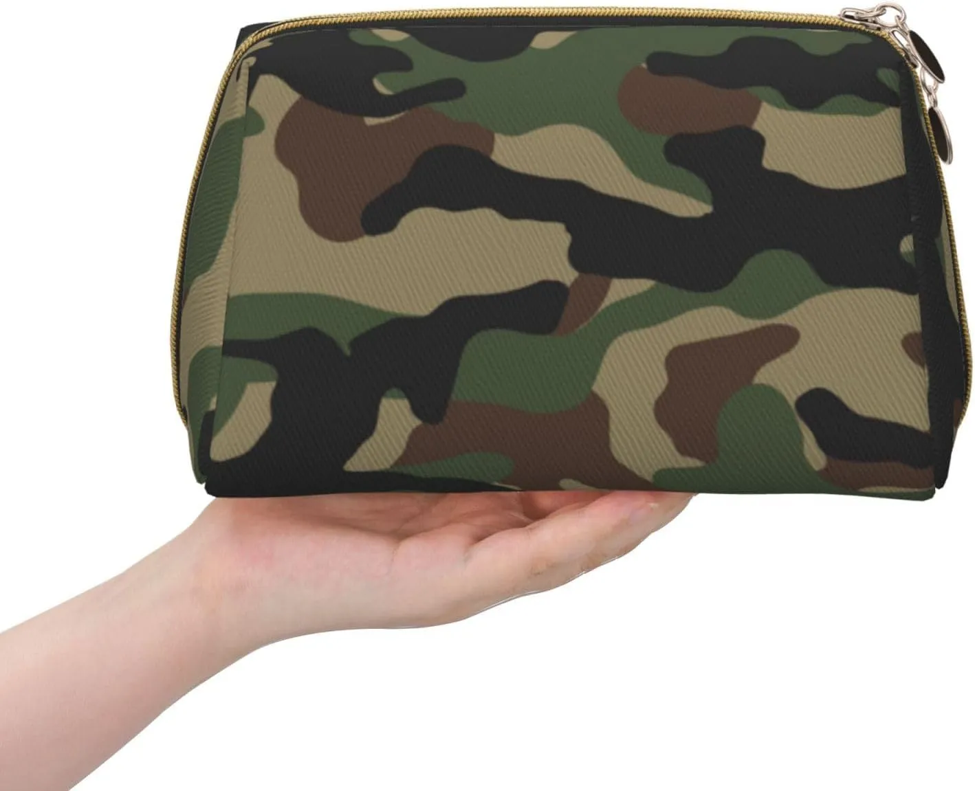 Waterproof Leather Cosmetic Bag Toiletry Makeup Bag Coin Case for Women, Lightweight Outdoor Travel Multi-Purpose Trapezoid Bag Compatible With Green Camouflage Army Camo