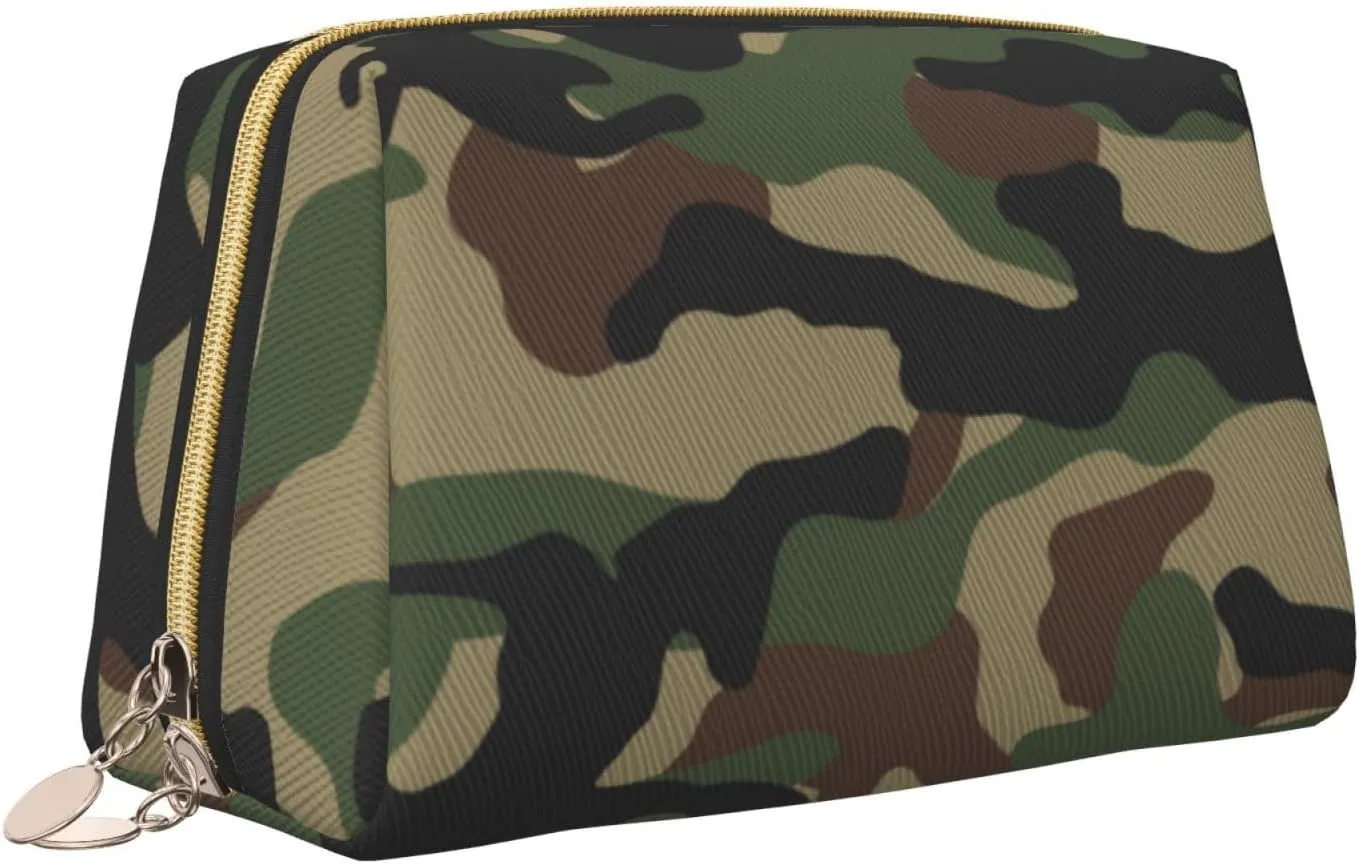 Waterproof Leather Cosmetic Bag Toiletry Makeup Bag Coin Case for Women, Lightweight Outdoor Travel Multi-Purpose Trapezoid Bag Compatible With Green Camouflage Army Camo