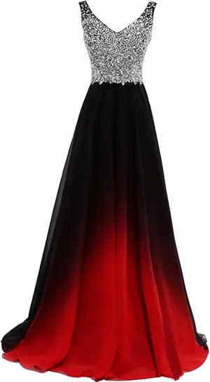 WDBFY Women's Gradient Ombre Chiffon Evening Dresses Beaded Long Formal Prom Dresses A-Line Bridesmaid Gowns