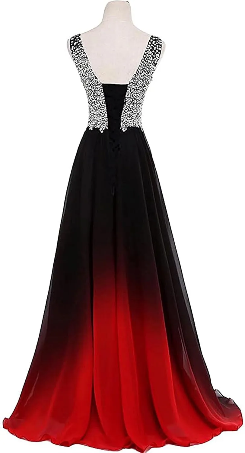 WDBFY Women's Gradient Ombre Chiffon Evening Dresses Beaded Long Formal Prom Dresses A-Line Bridesmaid Gowns