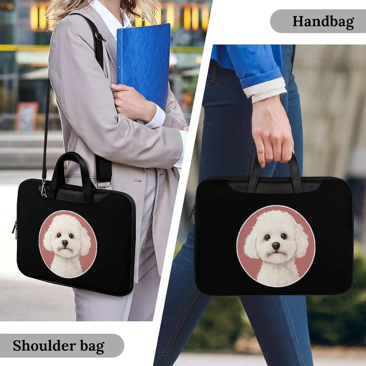 White Bichon Frise Leather Bag Laptop Case Slim Water Resistant Computer Bags with Handle Briefcase for Work