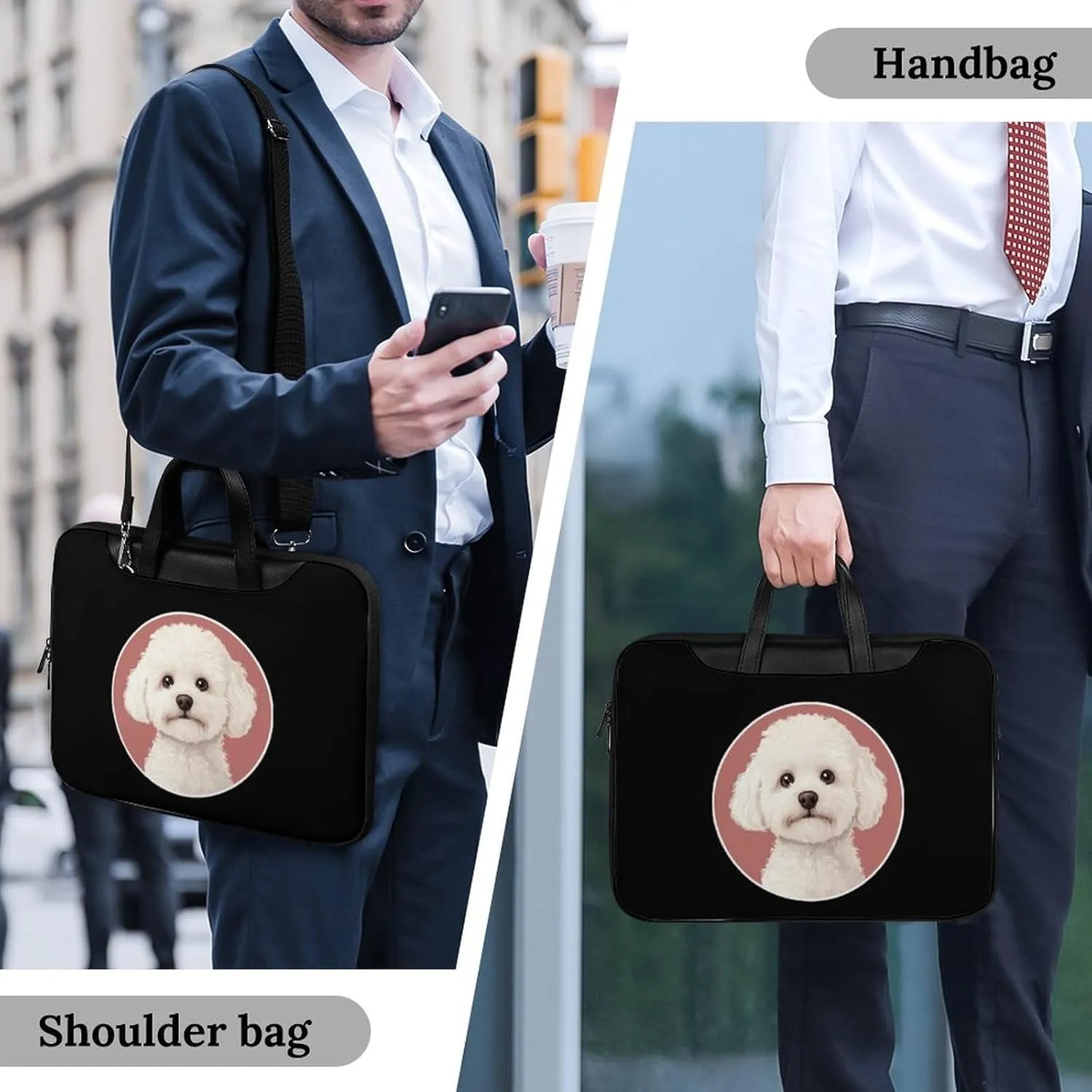 White Bichon Frise Leather Bag Laptop Case Slim Water Resistant Computer Bags with Handle Briefcase for Work