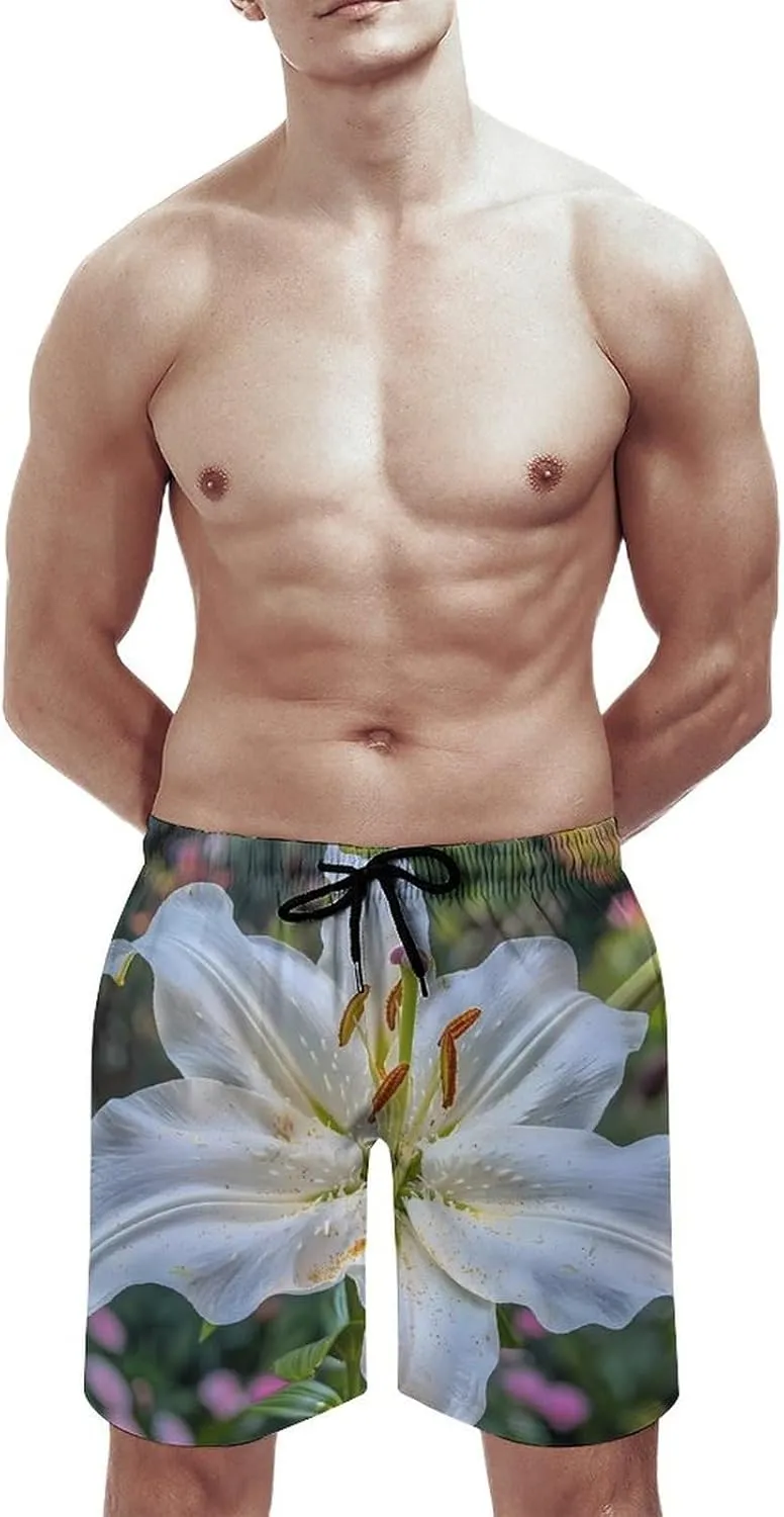 White Lily Blooming Flowers Men's Swim Trunks Quick Dry Board Shorts Breathable Summer Beach Shorts Bathing Suits