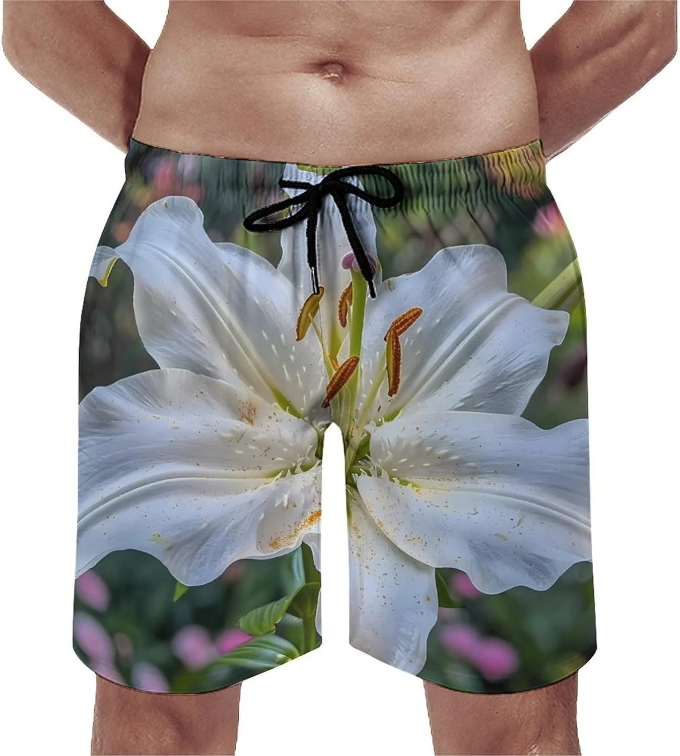 White Lily Blooming Flowers Men's Swim Trunks Quick Dry Board Shorts Breathable Summer Beach Shorts Bathing Suits