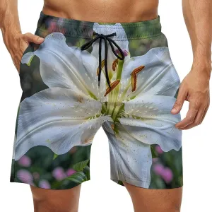 White Lily Blooming Flowers Men's Swim Trunks Quick Dry Board Shorts Breathable Summer Beach Shorts Bathing Suits
