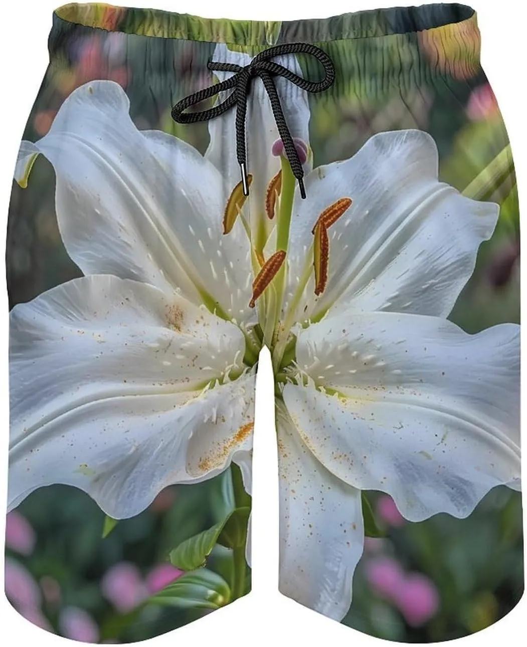 White Lily Blooming Flowers Men's Swim Trunks Quick Dry Board Shorts Breathable Summer Beach Shorts Bathing Suits