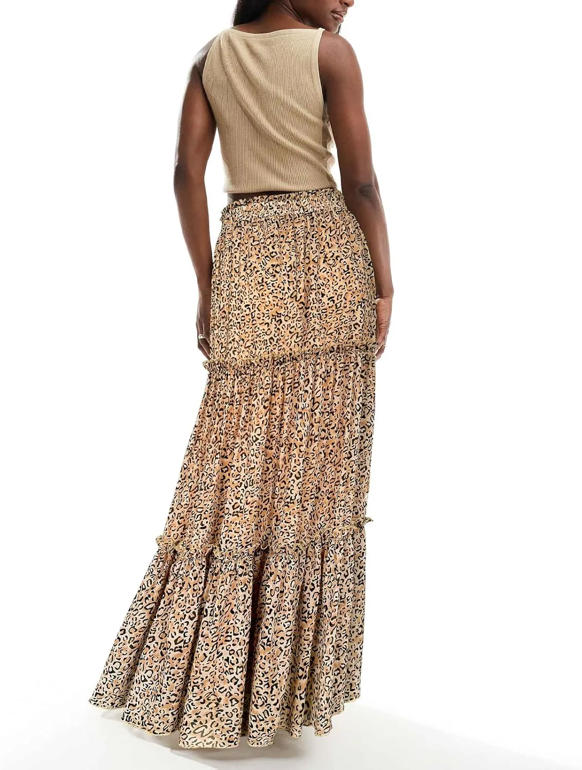WISFRUIT Women's Leopard Print Pleated Maxi Skirt Cheetah Chiffon Tiered Ruffle A Line Flowy Beach Long Skirts