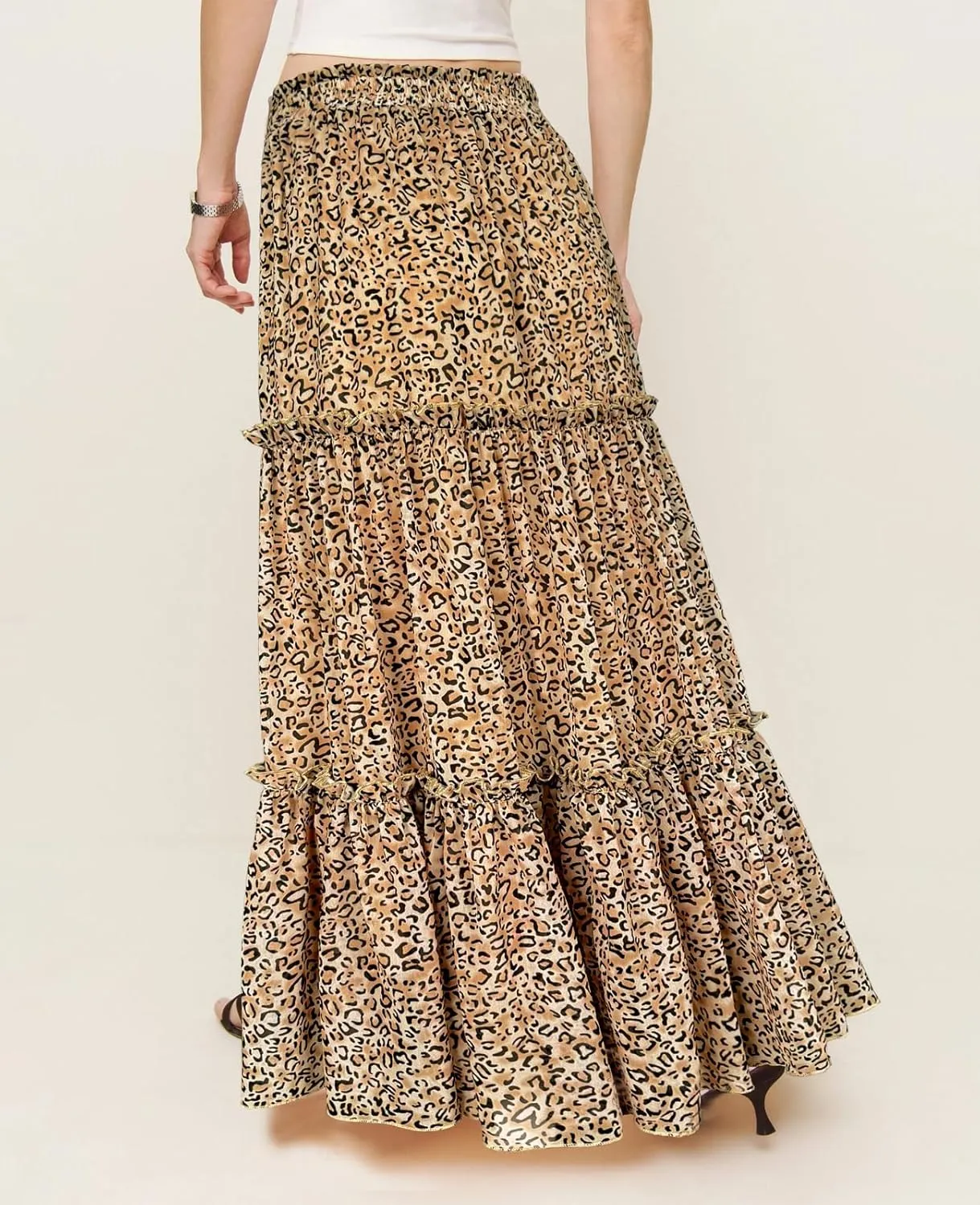WISFRUIT Women's Leopard Print Pleated Maxi Skirt Cheetah Chiffon Tiered Ruffle A Line Flowy Beach Long Skirts