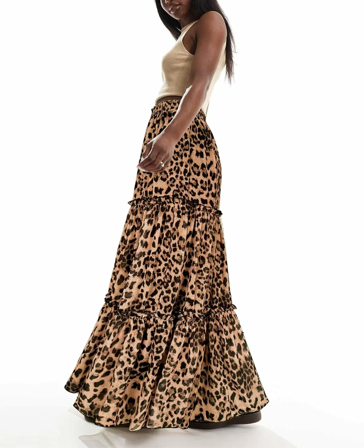 WISFRUIT Women's Leopard Print Pleated Maxi Skirt Cheetah Chiffon Tiered Ruffle A Line Flowy Beach Long Skirts