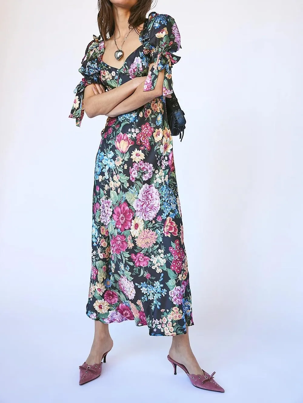 Woman Floral Puff Sleeve Maxi Dress Square Neck Ruffle Flowy Long Dresses Boho Tiered A Line Summer Sundress