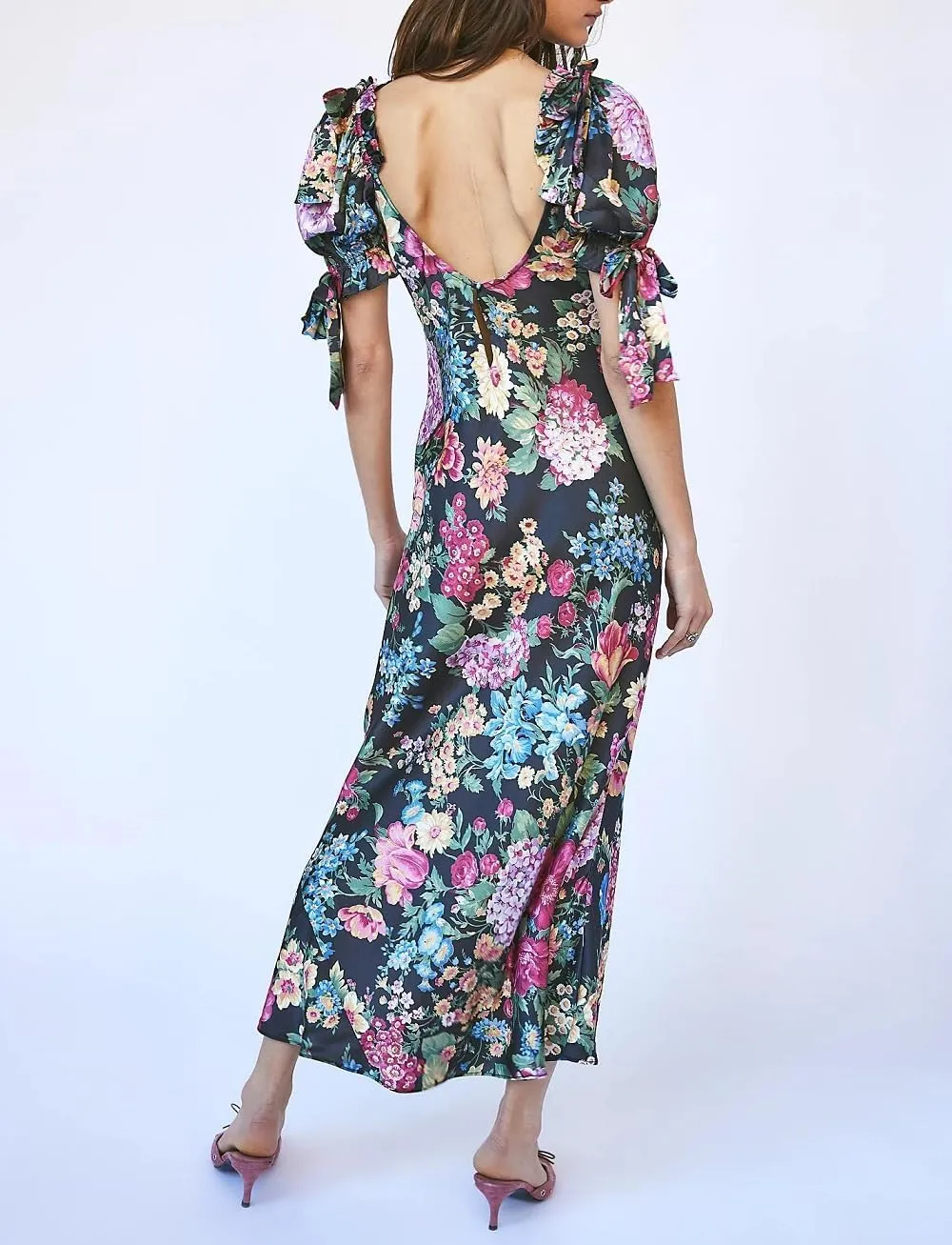 Woman Floral Puff Sleeve Maxi Dress Square Neck Ruffle Flowy Long Dresses Boho Tiered A Line Summer Sundress